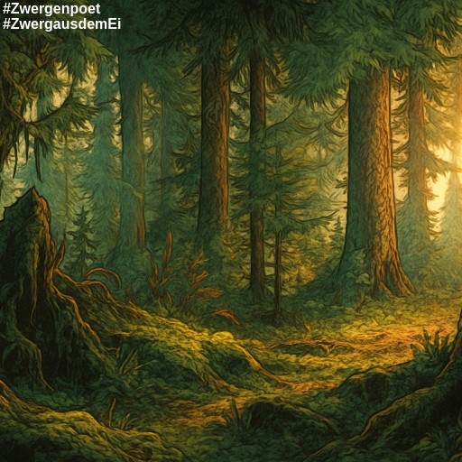 Moos, knorrige alte Bäume und die Sonne, deren Licht durchbricht.